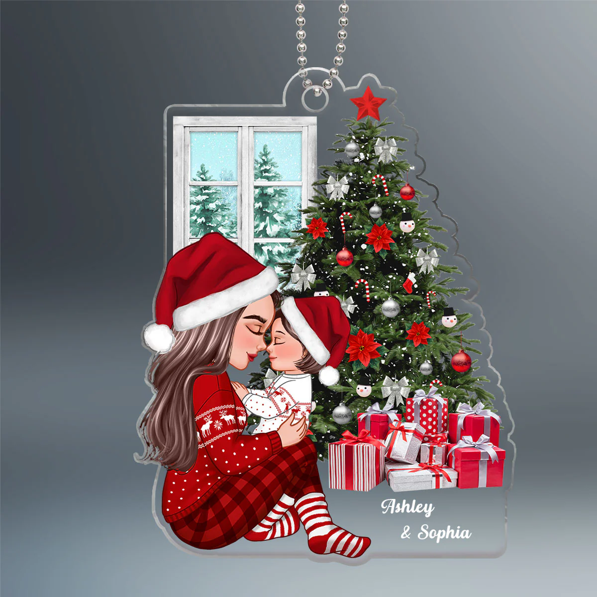Grandma Mom Holding Kid Side View Next To Christmas Tree Personalized Acrylic Ornament - Image 2