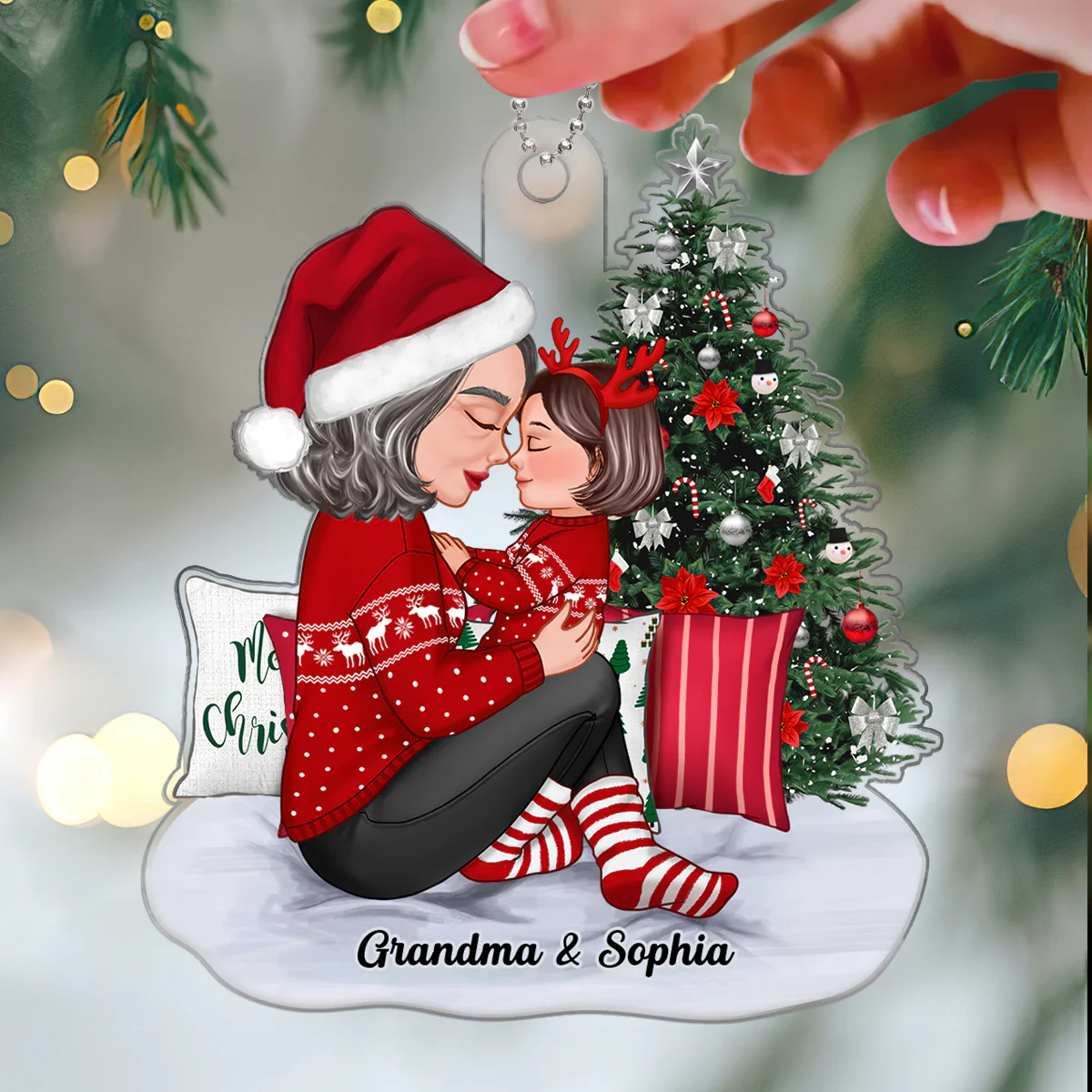 Grandma Mom Holding Kid Sitting On Christmas Bed Personalized Acrylic Ornament - Image 3