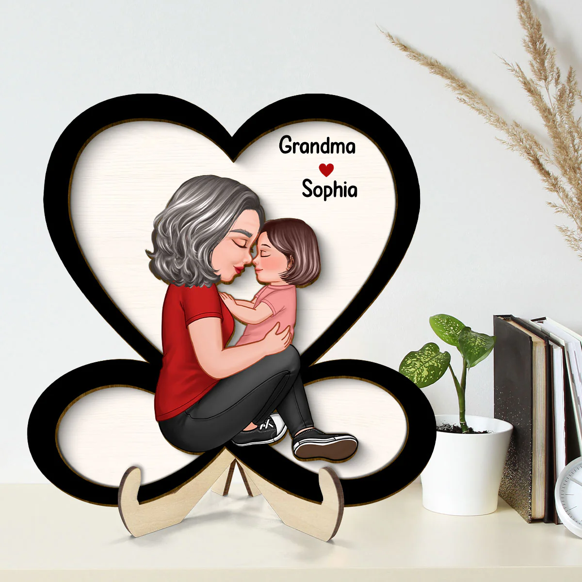 Grandma Mom Holding Kid Sitting On Heart Infinity Personalized 2-layer Wooden Plaque - Image 2