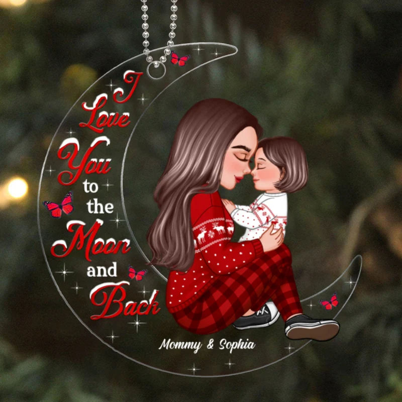 Grandma Mom Holding Kid Sitting On Moon Personalized Acrylic Ornament - Image 5