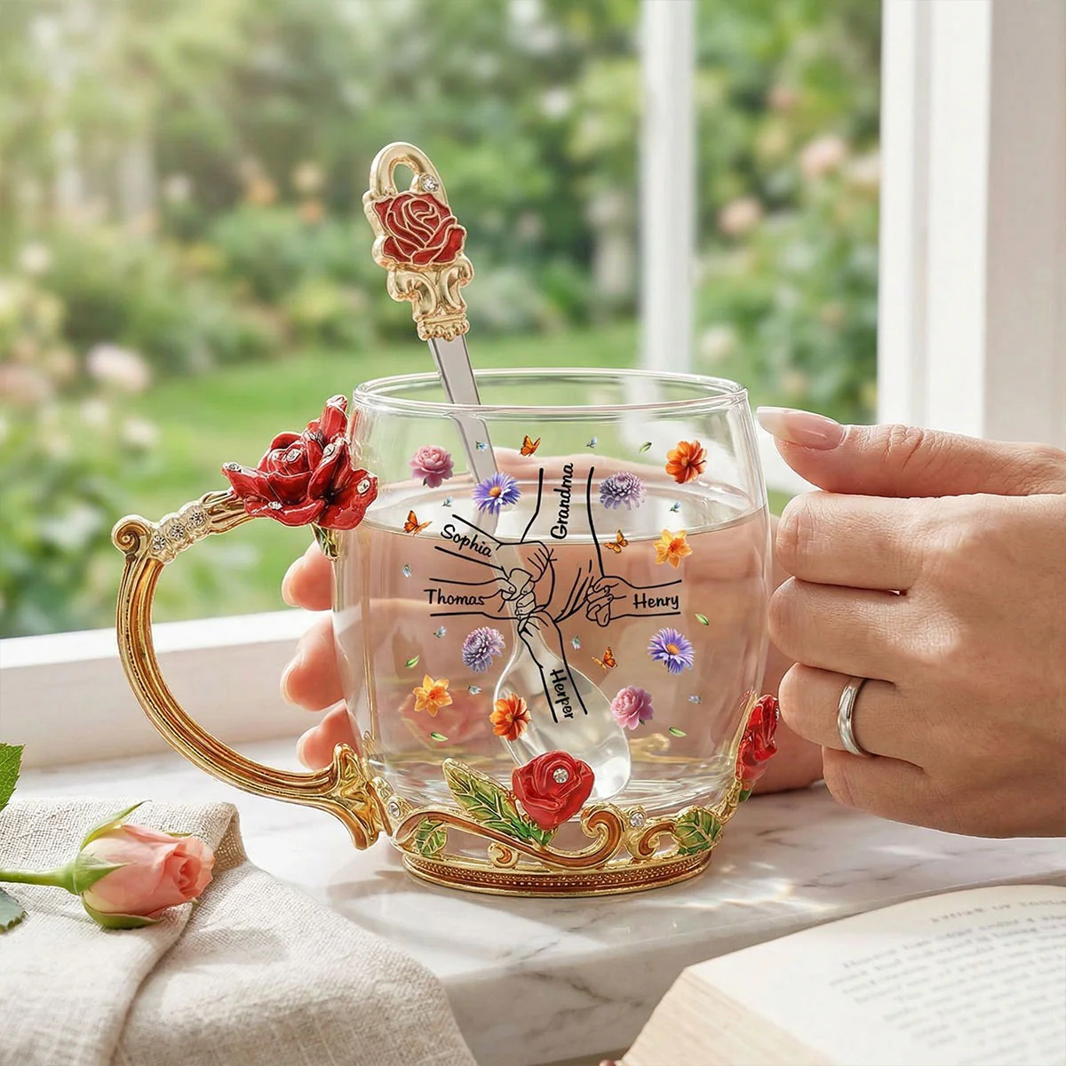 Grandma Mom Holding Kids Hands Birth Month Flowers - Personalized Enamel Flower Tea Cup - Gift For Grandma, Mom - Image 12