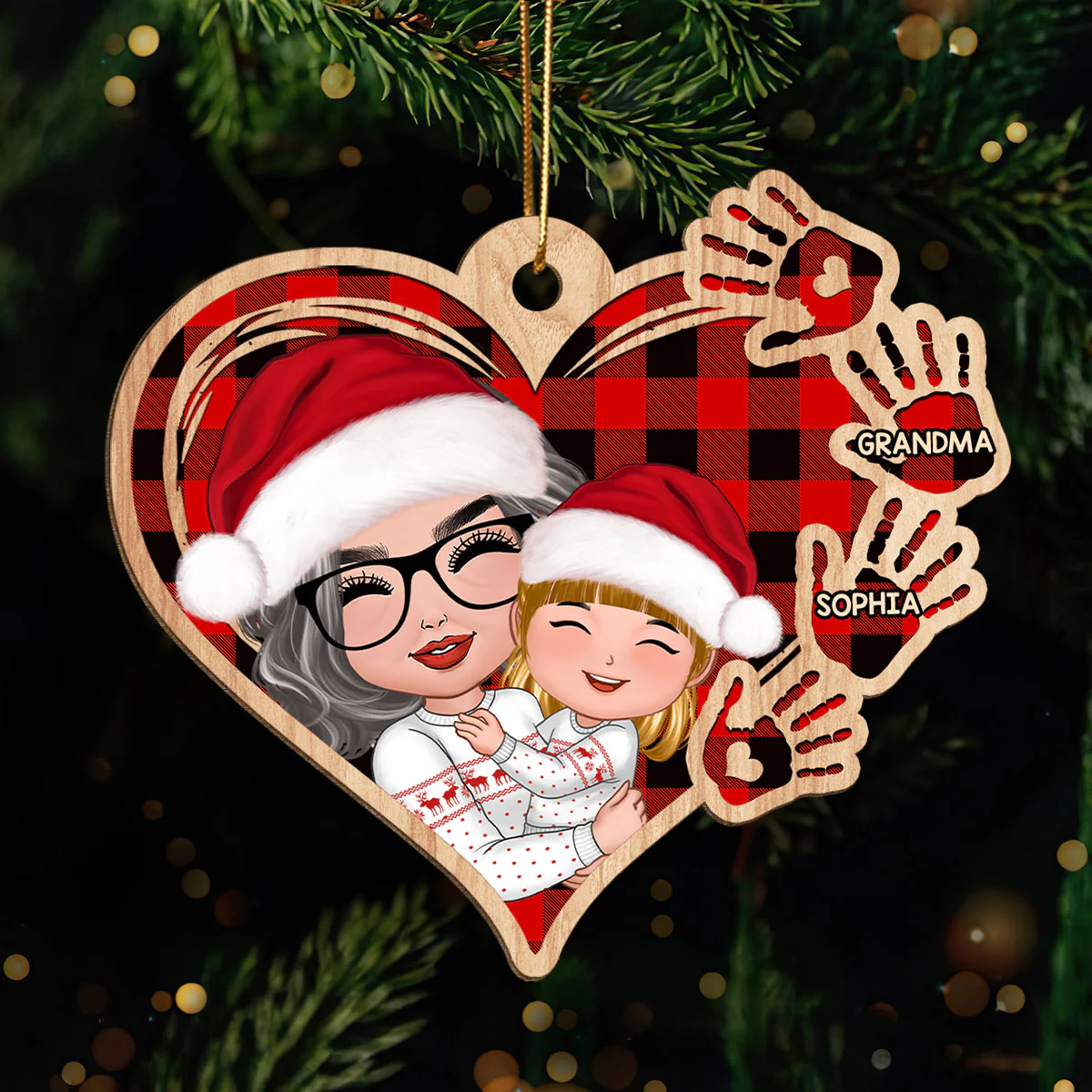 Grandma Mom Hugging Kid Checkered Pattern Heart Handprints Personalized Wooden Ornament - Image 2