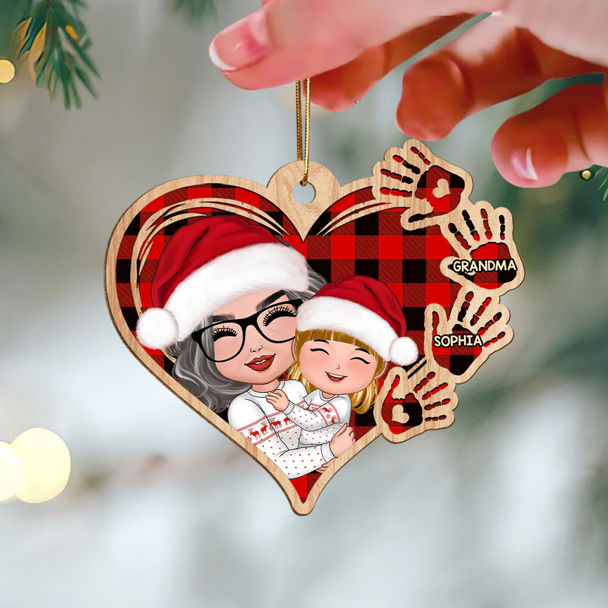 Grandma Mom Hugging Kid Checkered Pattern Heart Handprints Personalized Wooden Ornament - Image 3