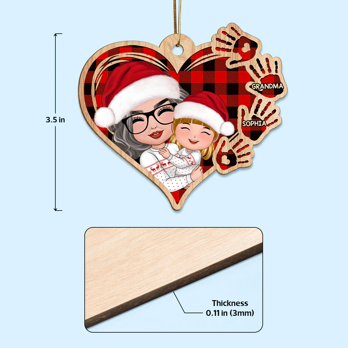 Grandma Mom Hugging Kid Checkered Pattern Heart Handprints Personalized Wooden Ornament - Image 4