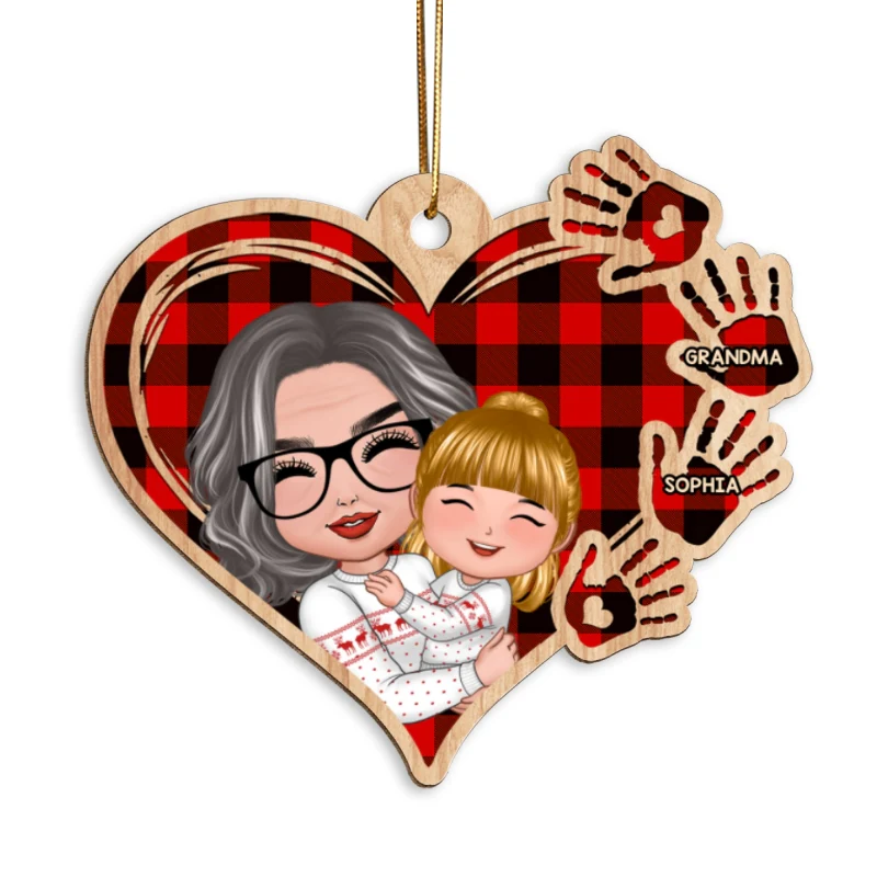 Grandma Mom Hugging Kid Checkered Pattern Heart Handprints Personalized Wooden Ornament - Image 5