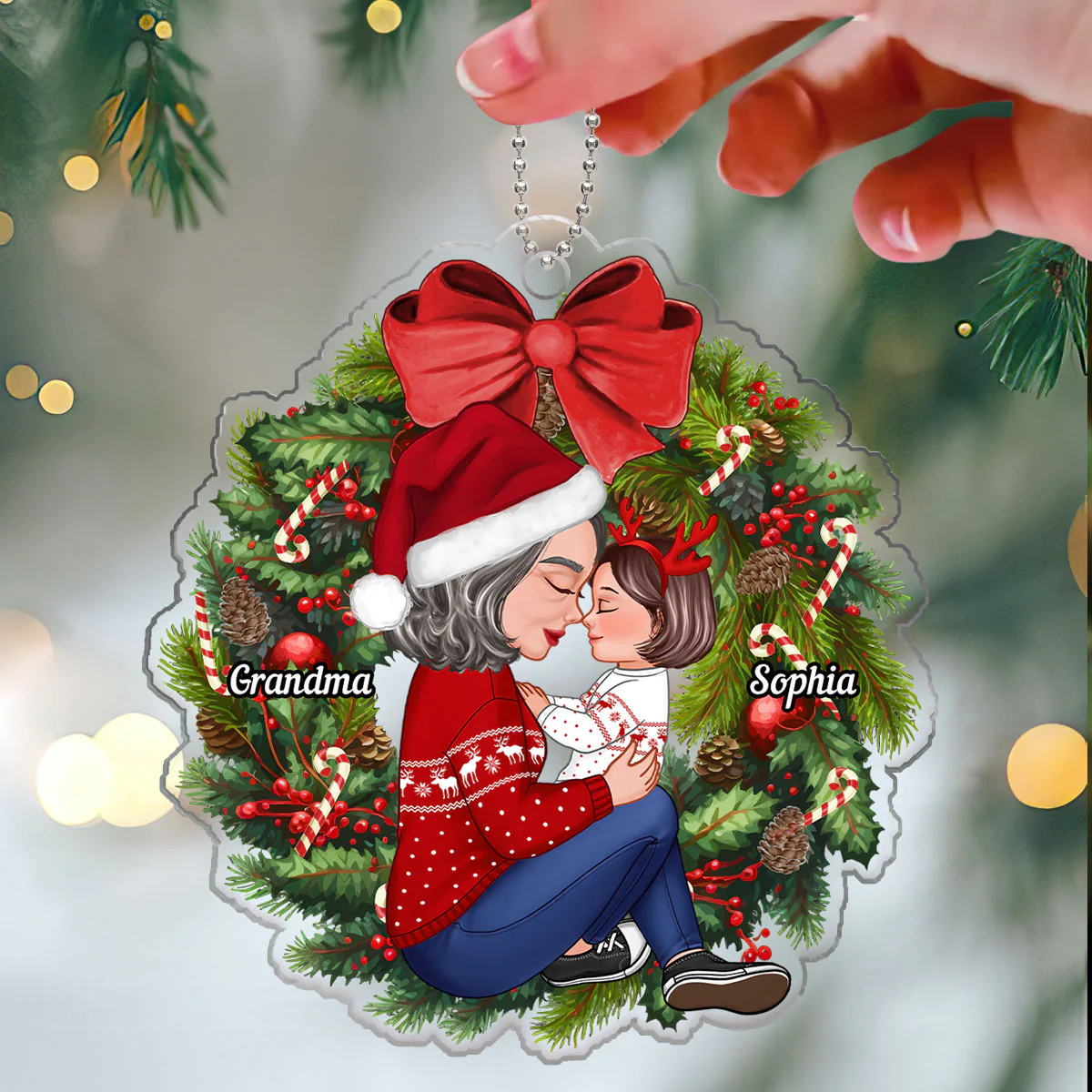 Grandma Mom Hugging Kid Sitting On Christmas Wreath Personalized Acrylic Ornament - Image 3