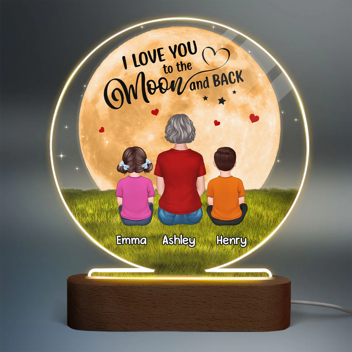 Grandma Mom I Love You To The Moon And Back Back View Woman Sitting With Kids Dogs Cats Personalized Circle Acrylic Plaque LED Night Light - Image 2