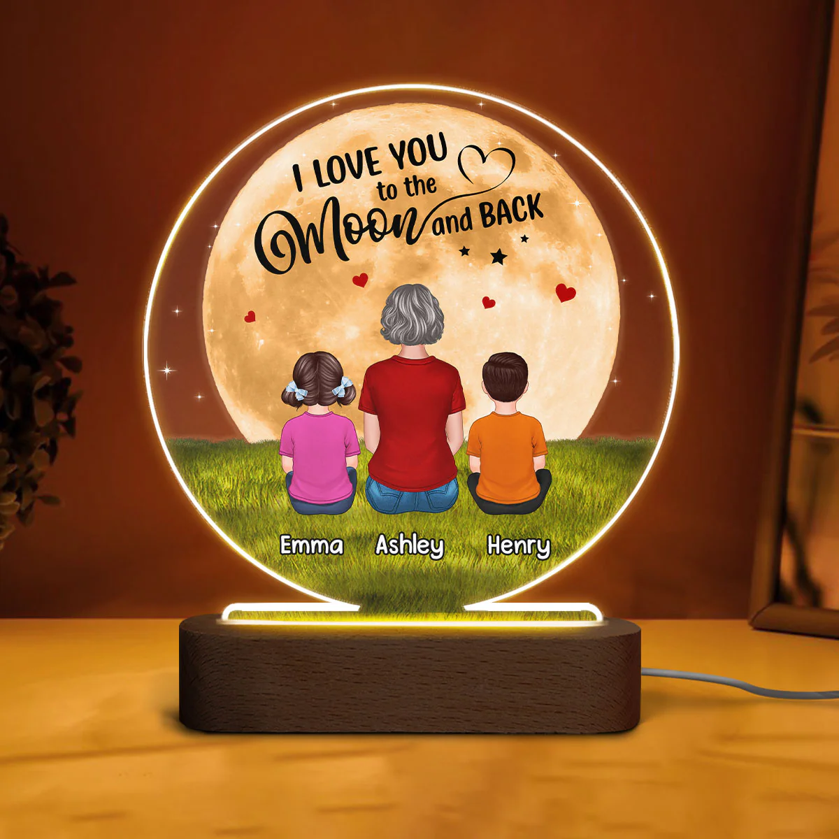 Grandma Mom I Love You To The Moon And Back Back View Woman Sitting With Kids Dogs Cats Personalized Circle Acrylic Plaque LED Night Light - Image 3