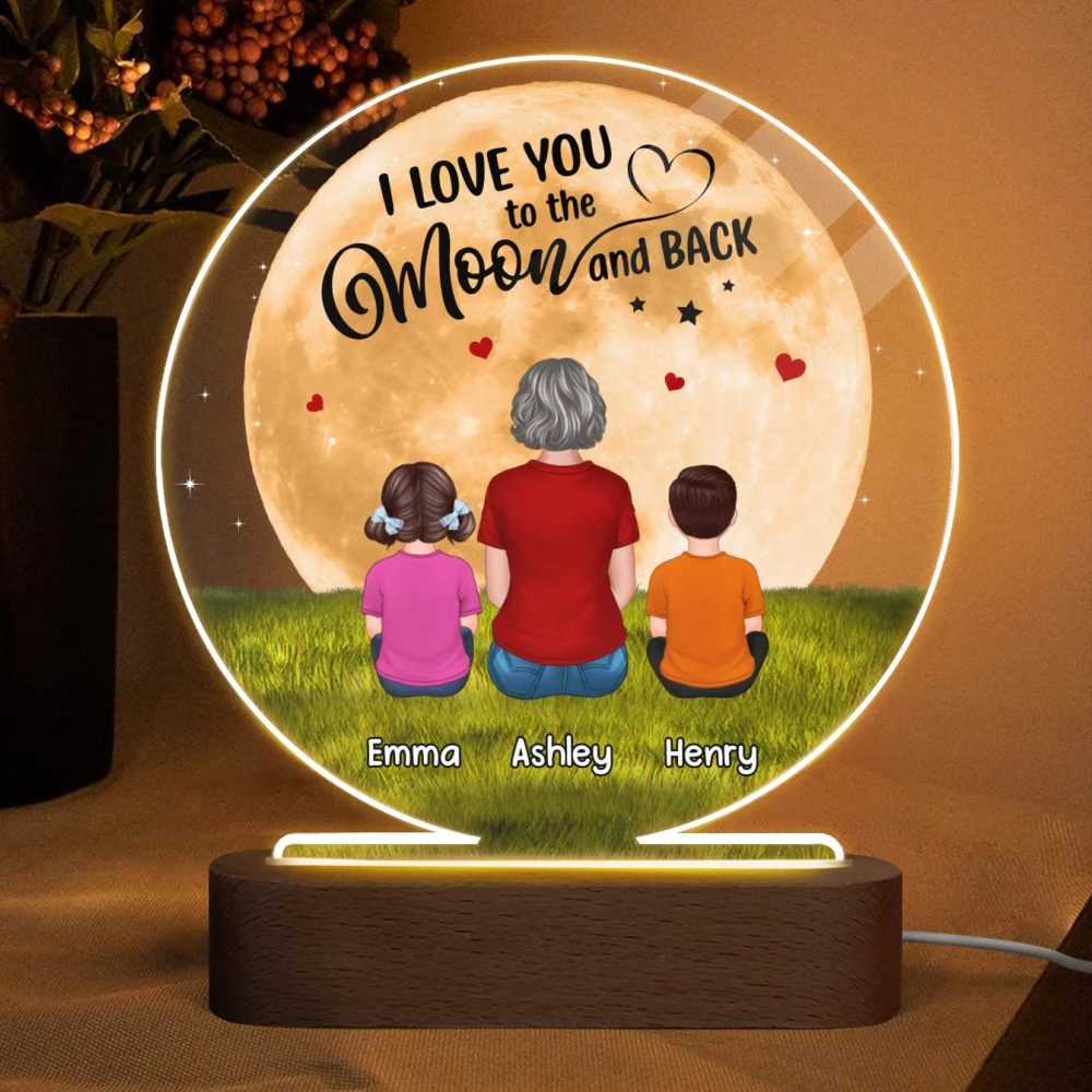 Grandma Mom I Love You To The Moon And Back Back View Woman Sitting With Kids Dogs Cats Personalized Circle Acrylic Plaque LED Night Light - Image 4