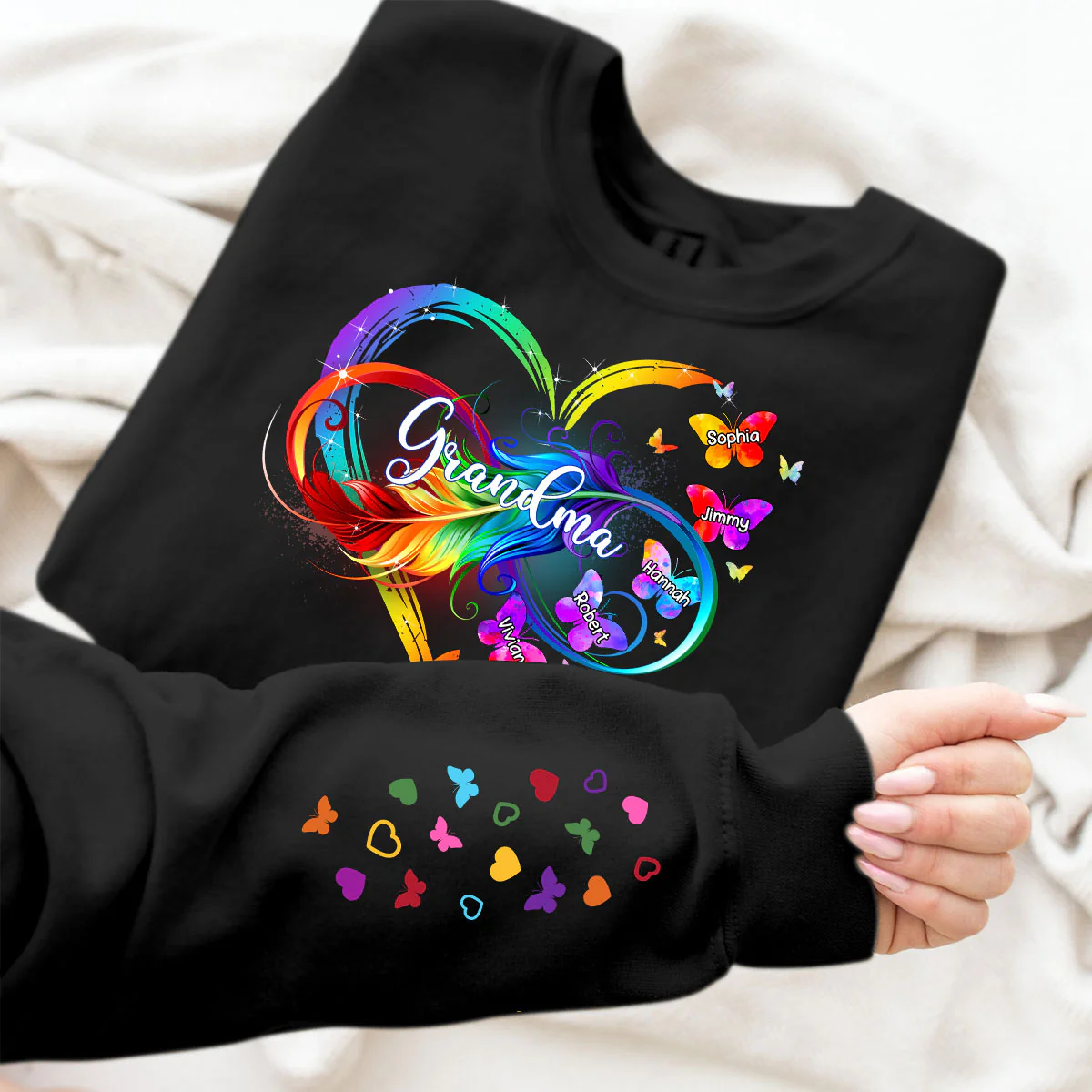 Grandma Mom Infinity Heart Butterflies Personalized Sleeve Printed Sweatshirt - Image 6
