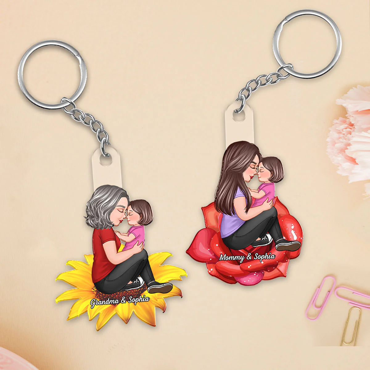Grandma Mom Kid Sitting On Flower Personalized Acrylic Keychain, Gift For Mom, Gift For Grandma - Image 2