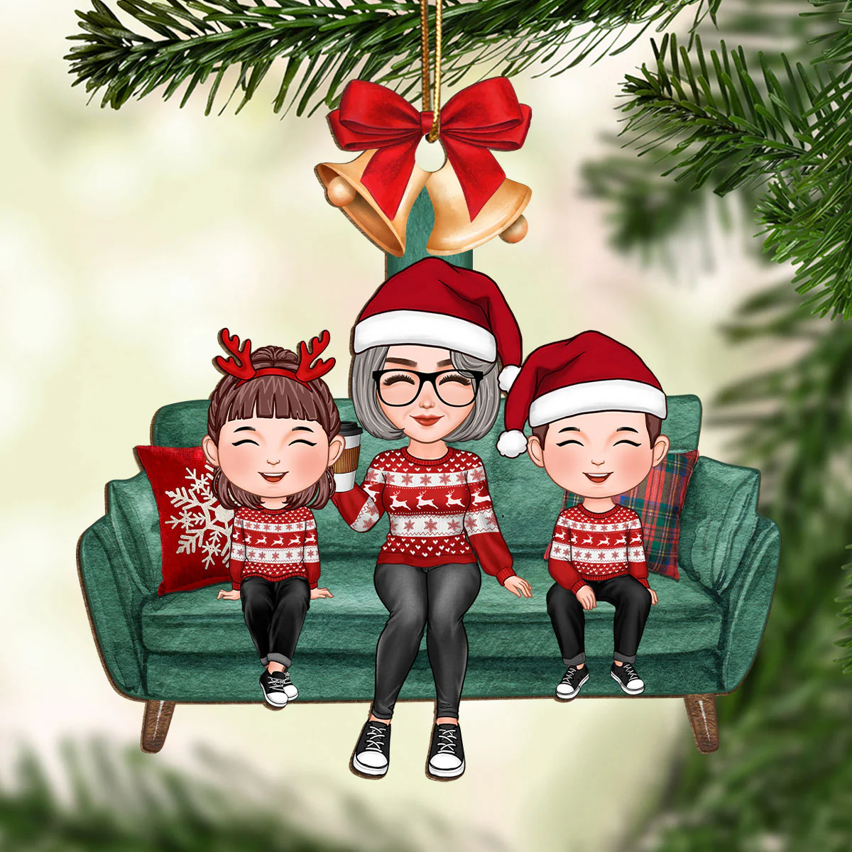 Grandma Mom Kids Christmas Sitting On Sofa Personalized Wooden Ornament - Image 2