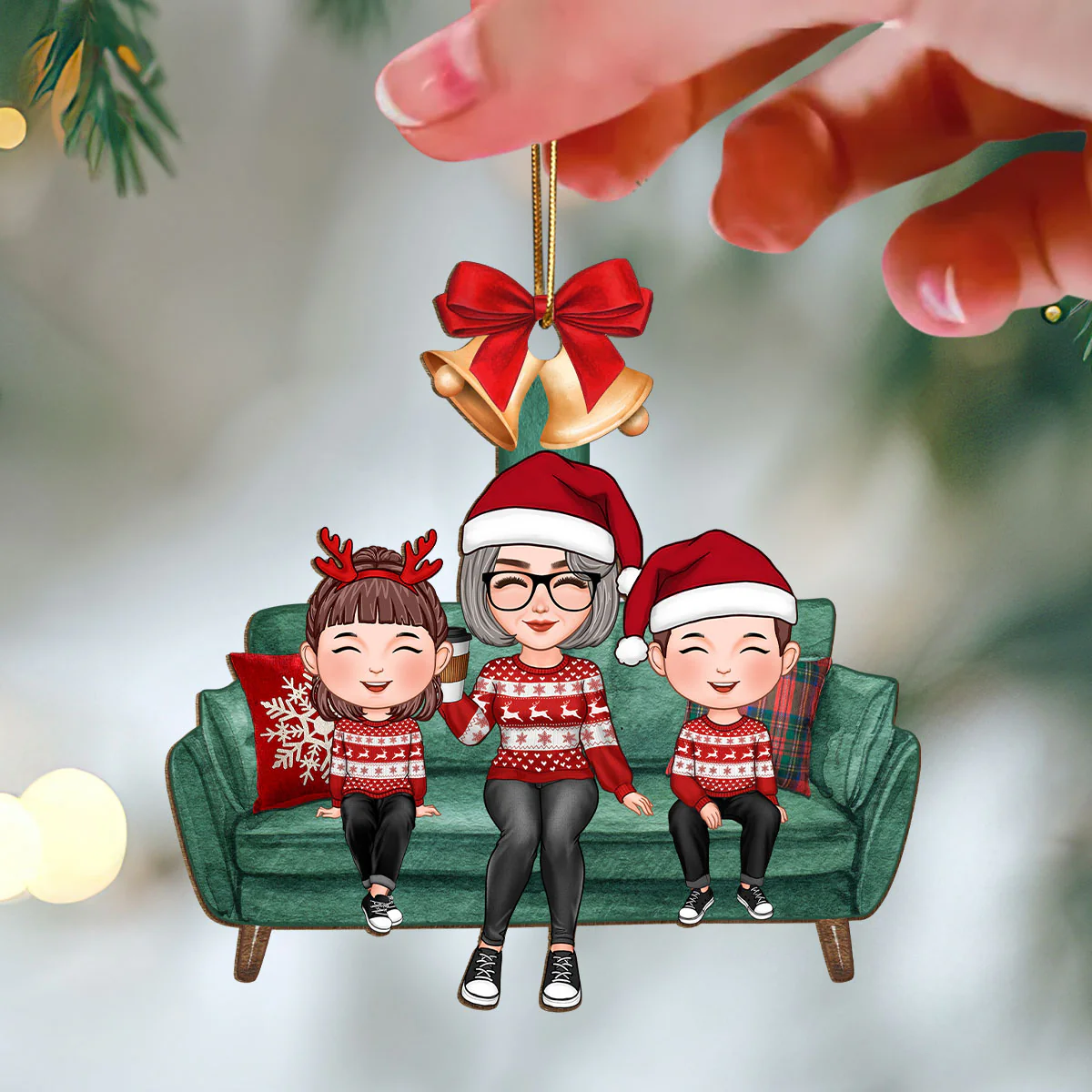 Grandma Mom Kids Christmas Sitting On Sofa Personalized Wooden Ornament - Image 3