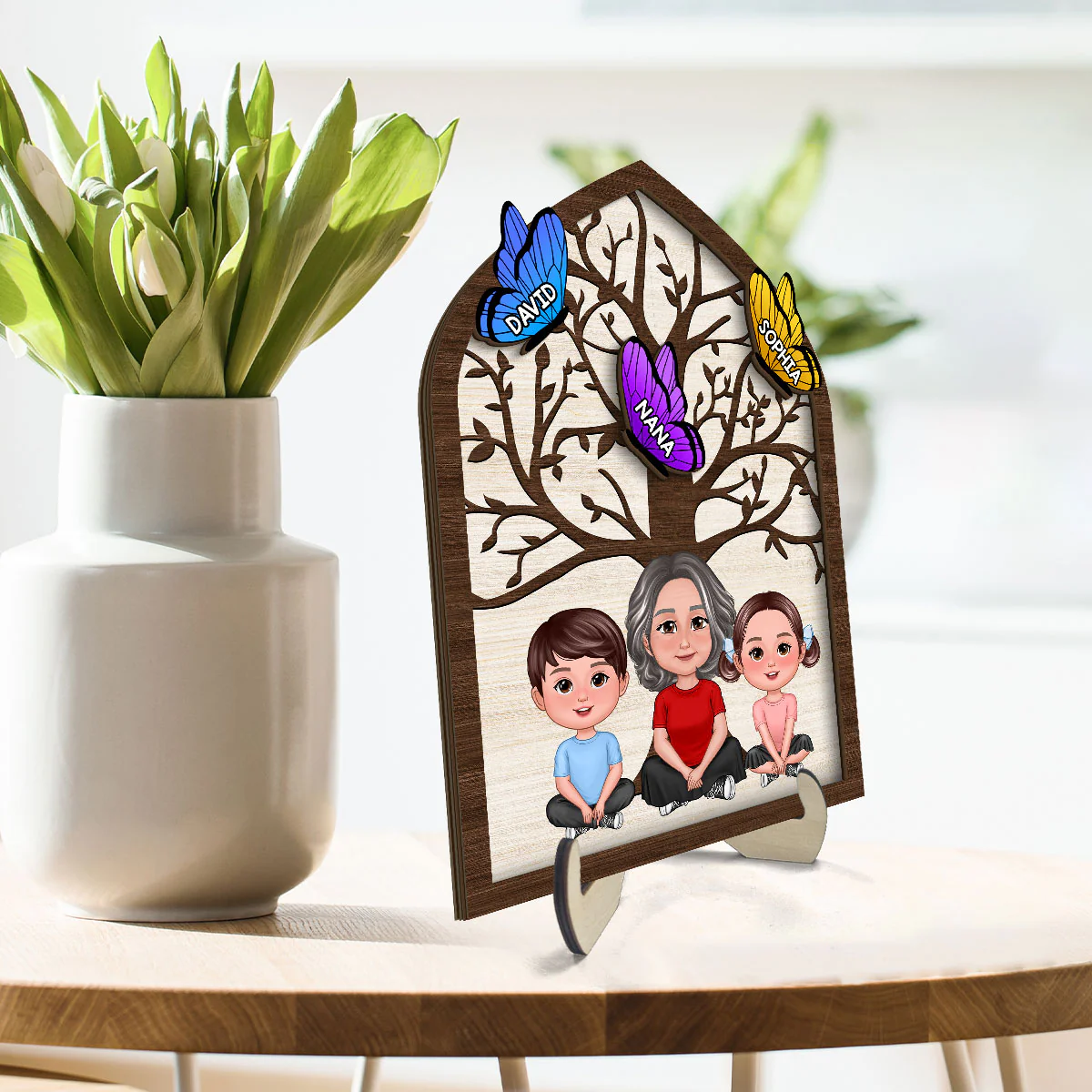 Grandma Mom Kids Crossed Legs Under Tree Butterflies Personalized 2-layer Wooden Plaque - Image 3