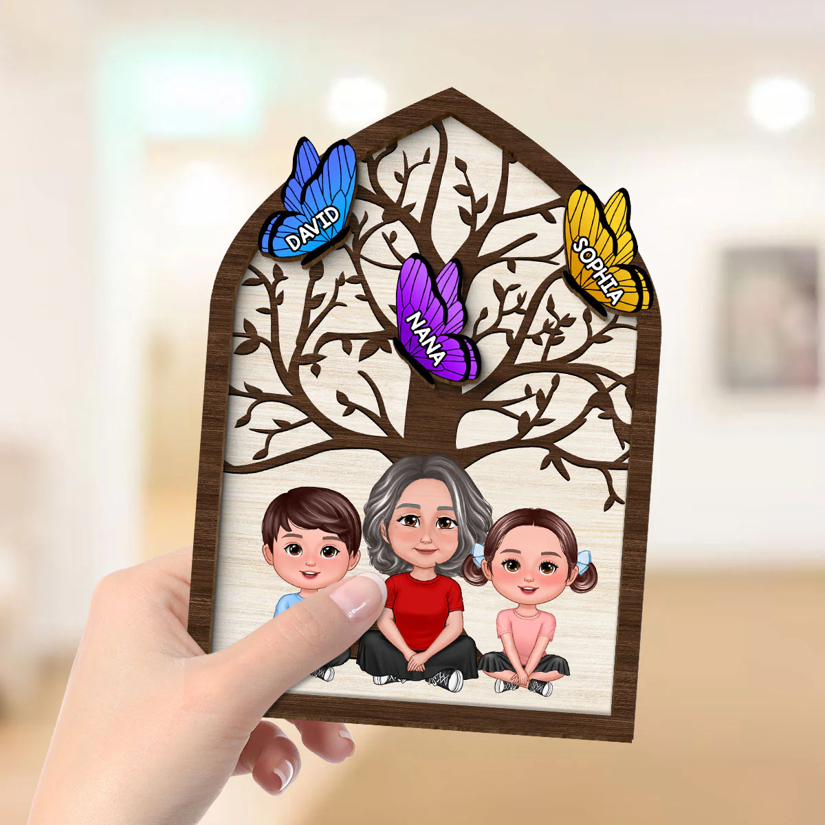 Grandma Mom Kids Crossed Legs Under Tree Butterflies Personalized 2-layer Wooden Plaque - Image 4