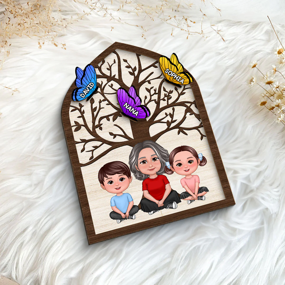 Grandma Mom Kids Crossed Legs Under Tree Butterflies Personalized 2-layer Wooden Plaque - Image 5