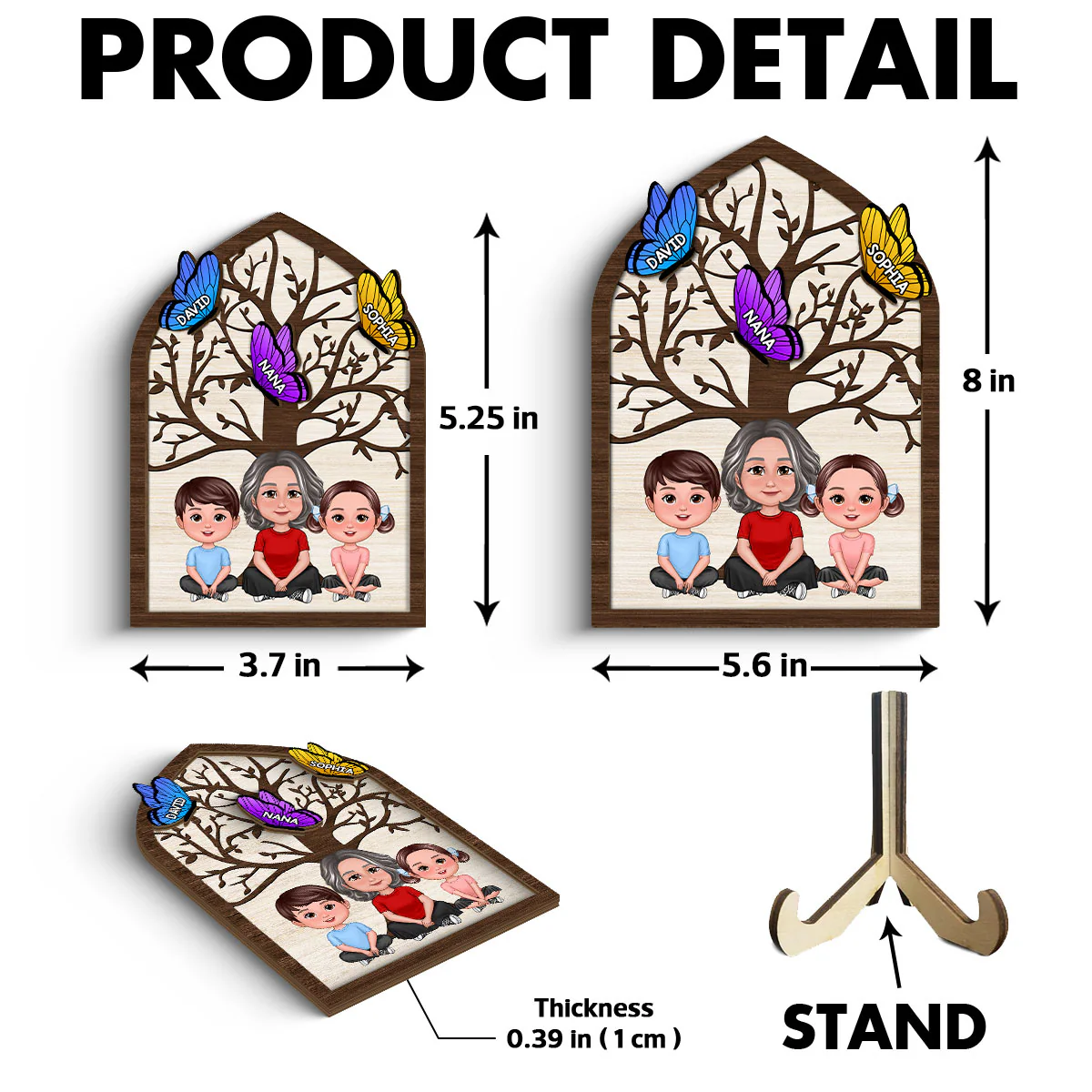 Grandma Mom Kids Crossed Legs Under Tree Butterflies Personalized 2-layer Wooden Plaque - Image 6