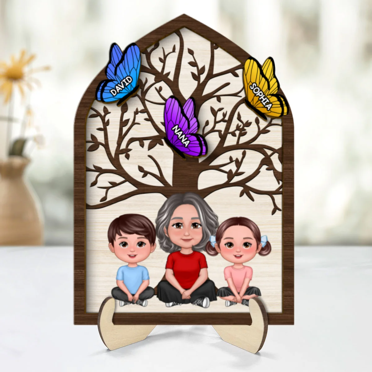 Grandma Mom Kids Crossed Legs Under Tree Butterflies Personalized 2-layer Wooden Plaque - Image 8