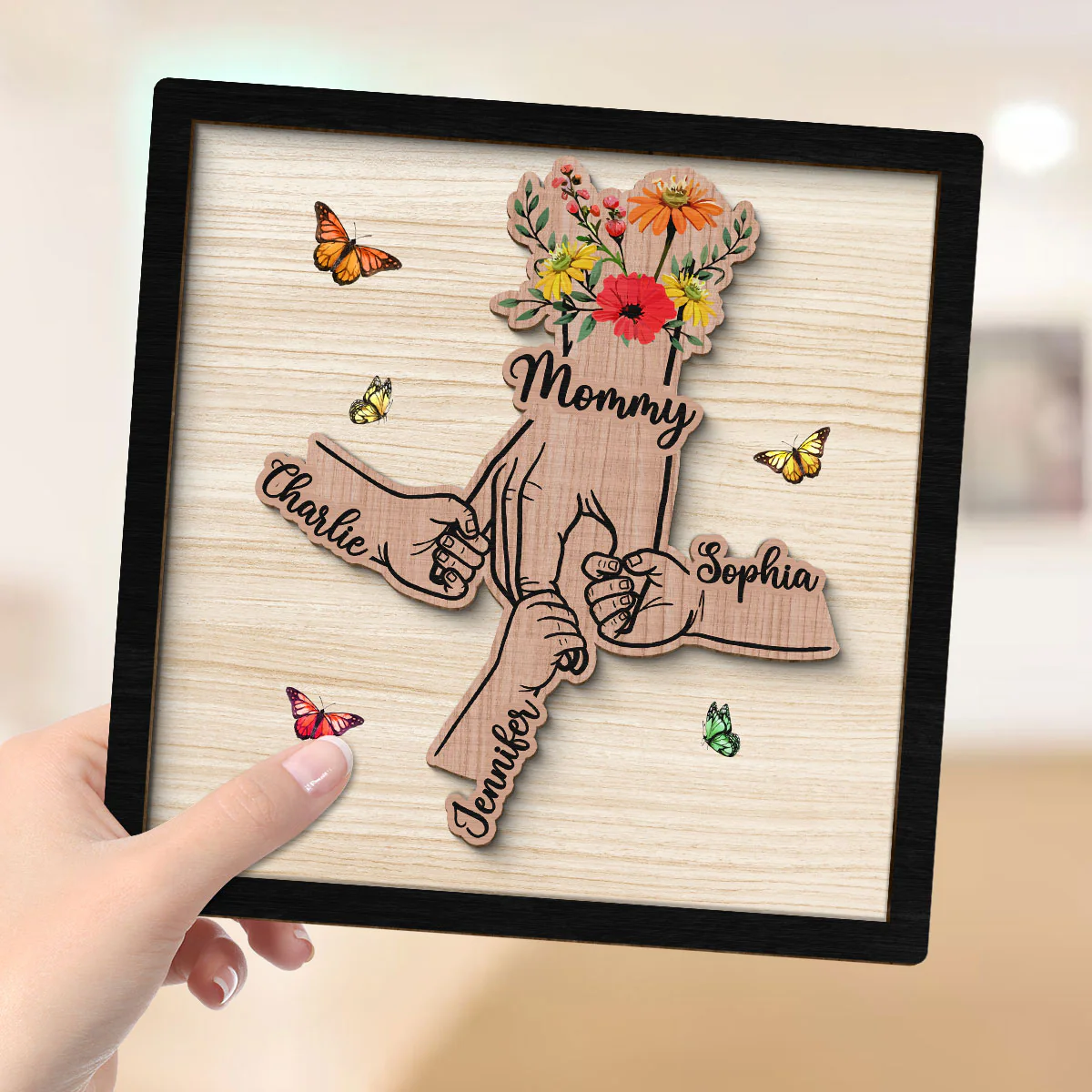 Grandma Mom Kids Hands Flowers Personalized 2-layer Wooden Plaque - Image 4