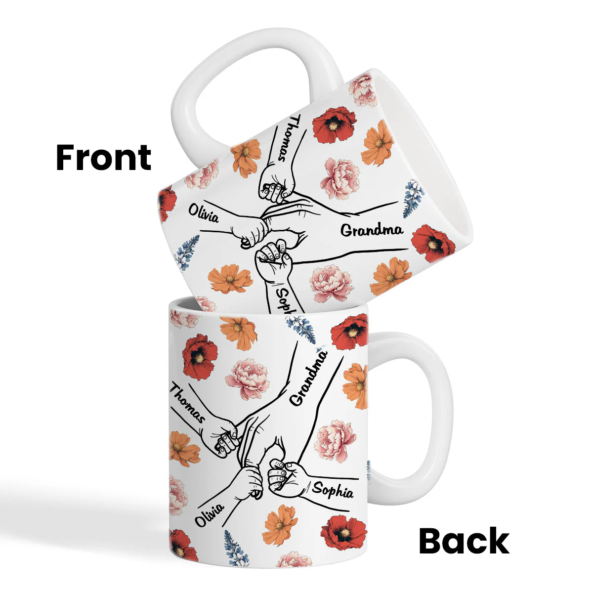 Grandma Mom & Kids Holding Hands Birth Month Flowers Personalized Mug - Image 3