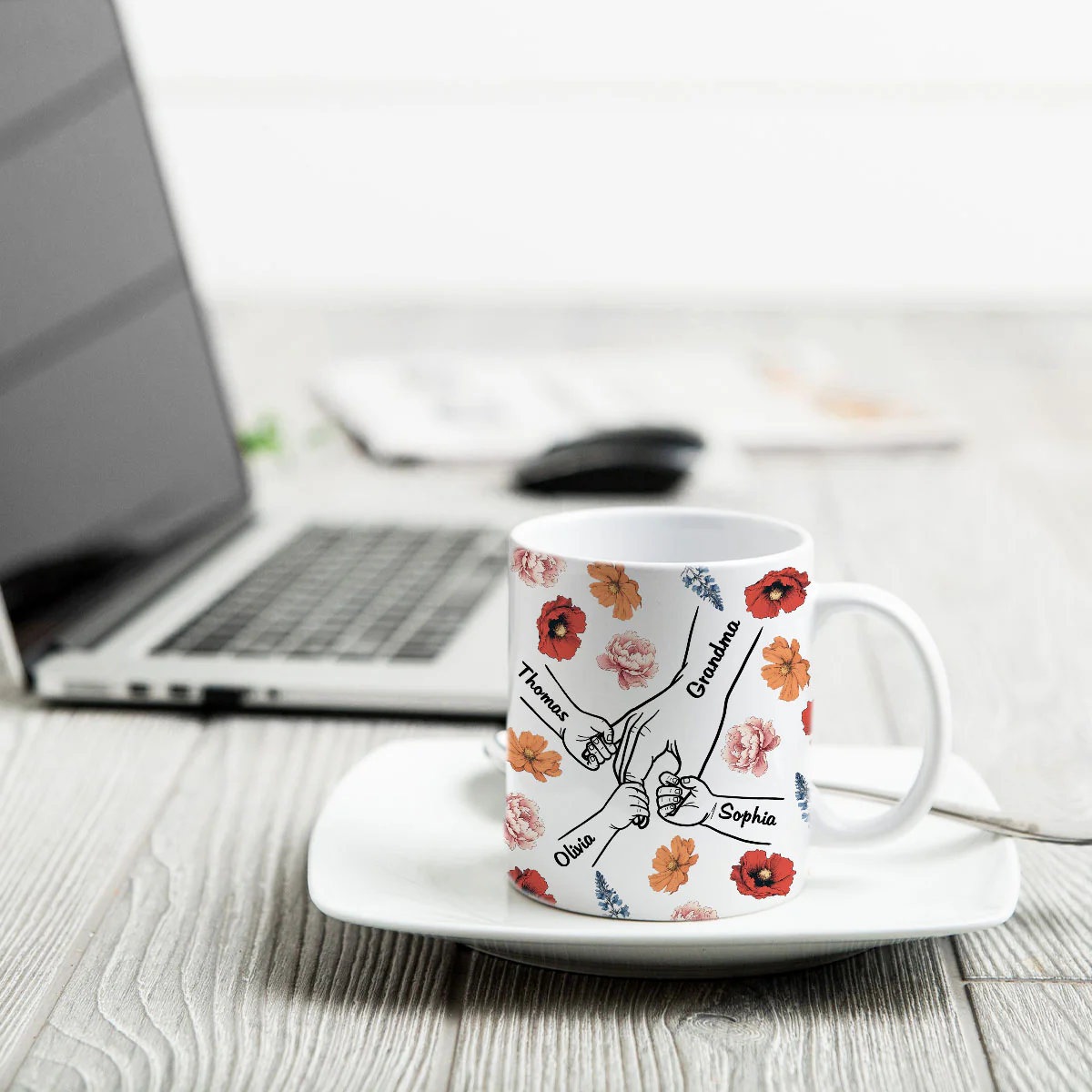 Grandma Mom & Kids Holding Hands Birth Month Flowers Personalized Mug - Image 4