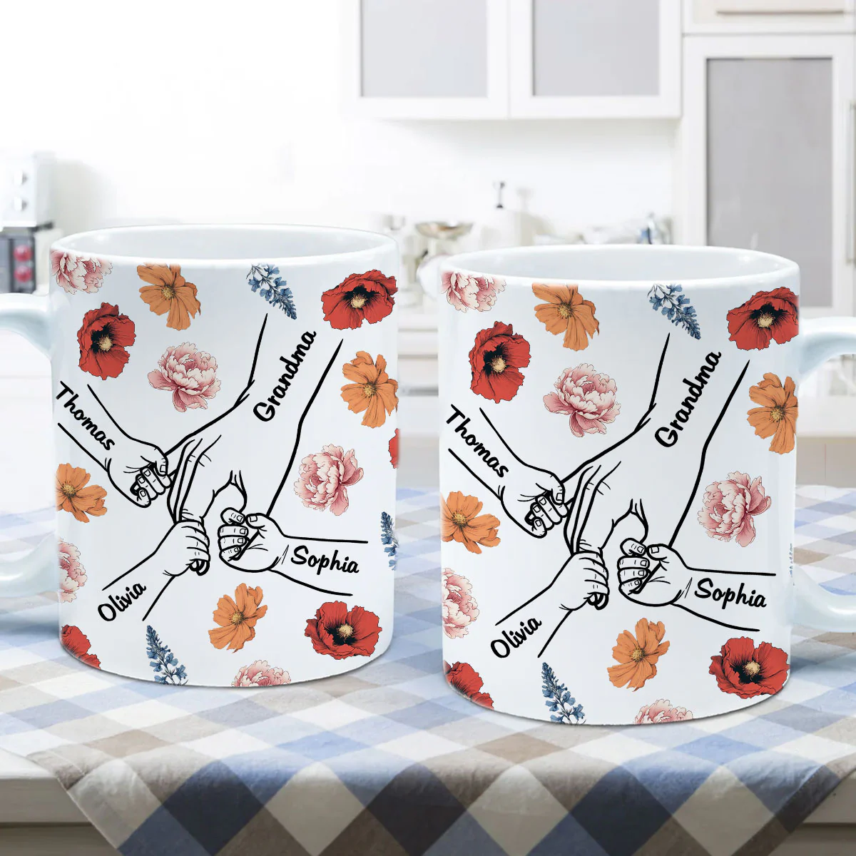 Grandma Mom & Kids Holding Hands Birth Month Flowers Personalized Mug - Image 5