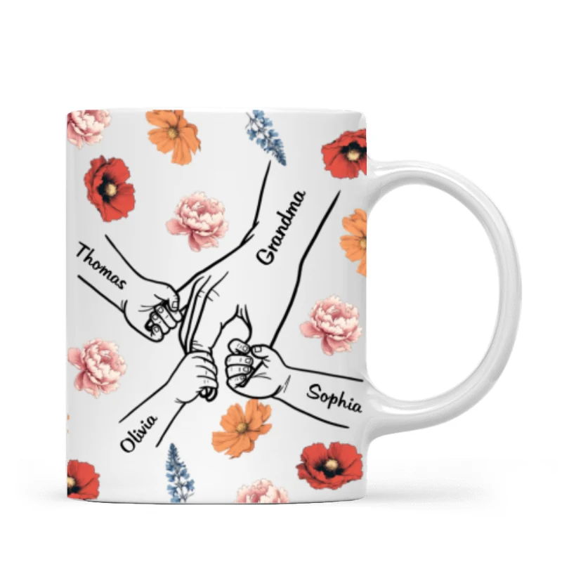 Grandma Mom & Kids Holding Hands Birth Month Flowers Personalized Mug - Image 6