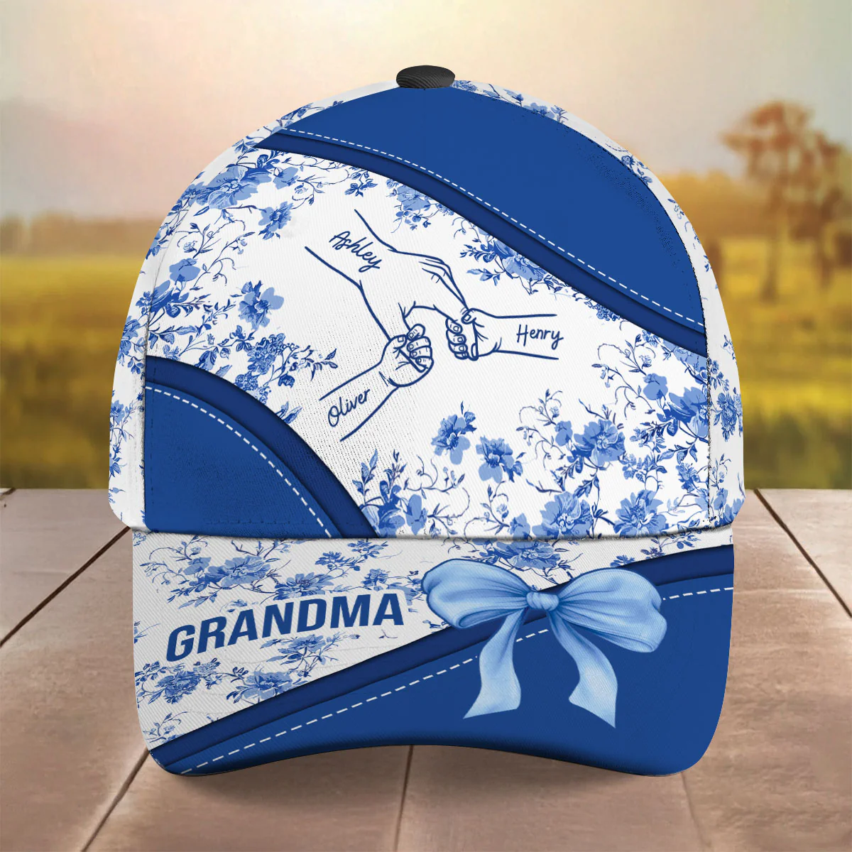 Grandma Mom Kids Holding Hands Bow Coquette Chinoiserie Personalized Classic Cap, Mother's Day gift - Image 2