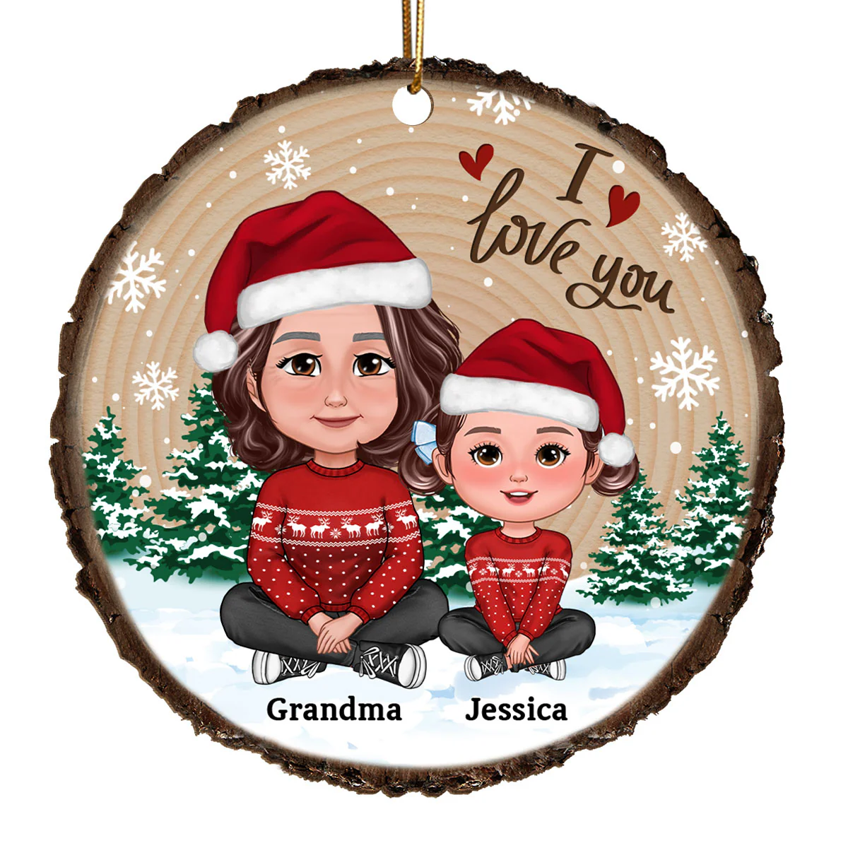 Grandma Mom Kids Sitting In Snow Wood Slice Personalized Wooden Ornament
