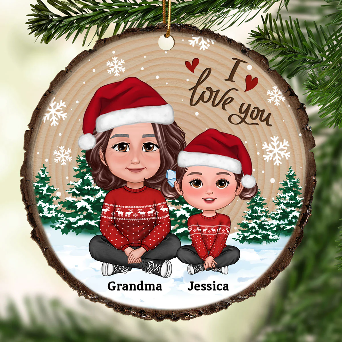 Grandma Mom Kids Sitting In Snow Wood Slice Personalized Wooden Ornament - Image 2