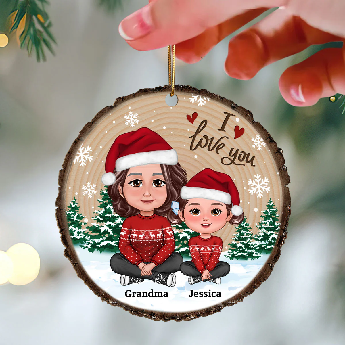 Grandma Mom Kids Sitting In Snow Wood Slice Personalized Wooden Ornament - Image 3