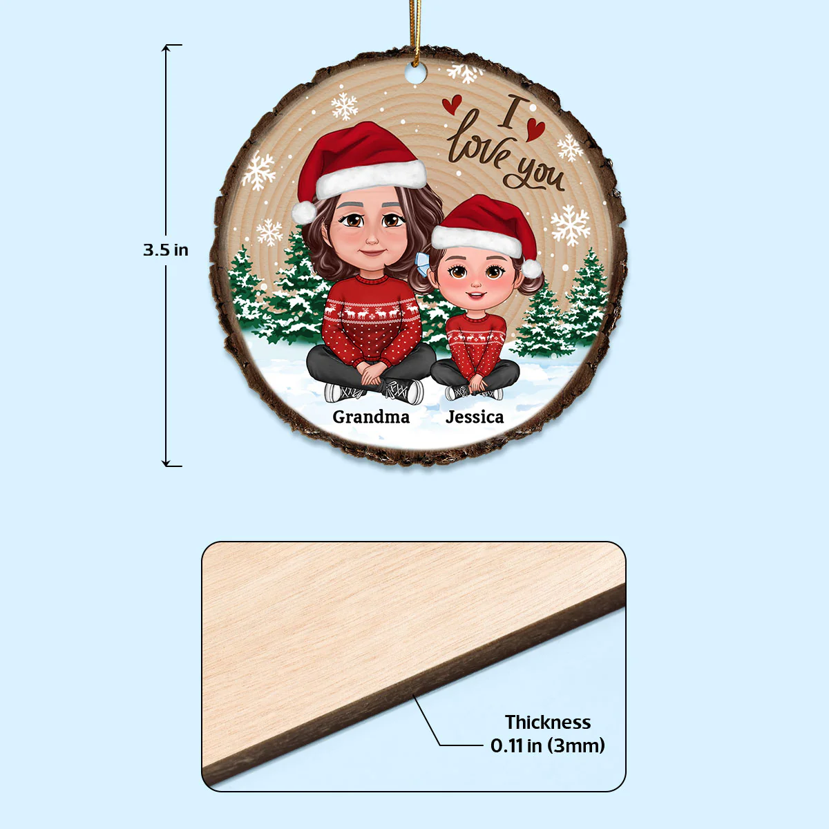 Grandma Mom Kids Sitting In Snow Wood Slice Personalized Wooden Ornament - Image 4