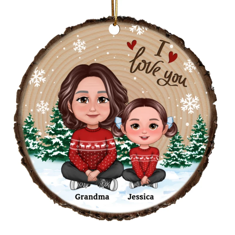 Grandma Mom Kids Sitting In Snow Wood Slice Personalized Wooden Ornament - Image 5