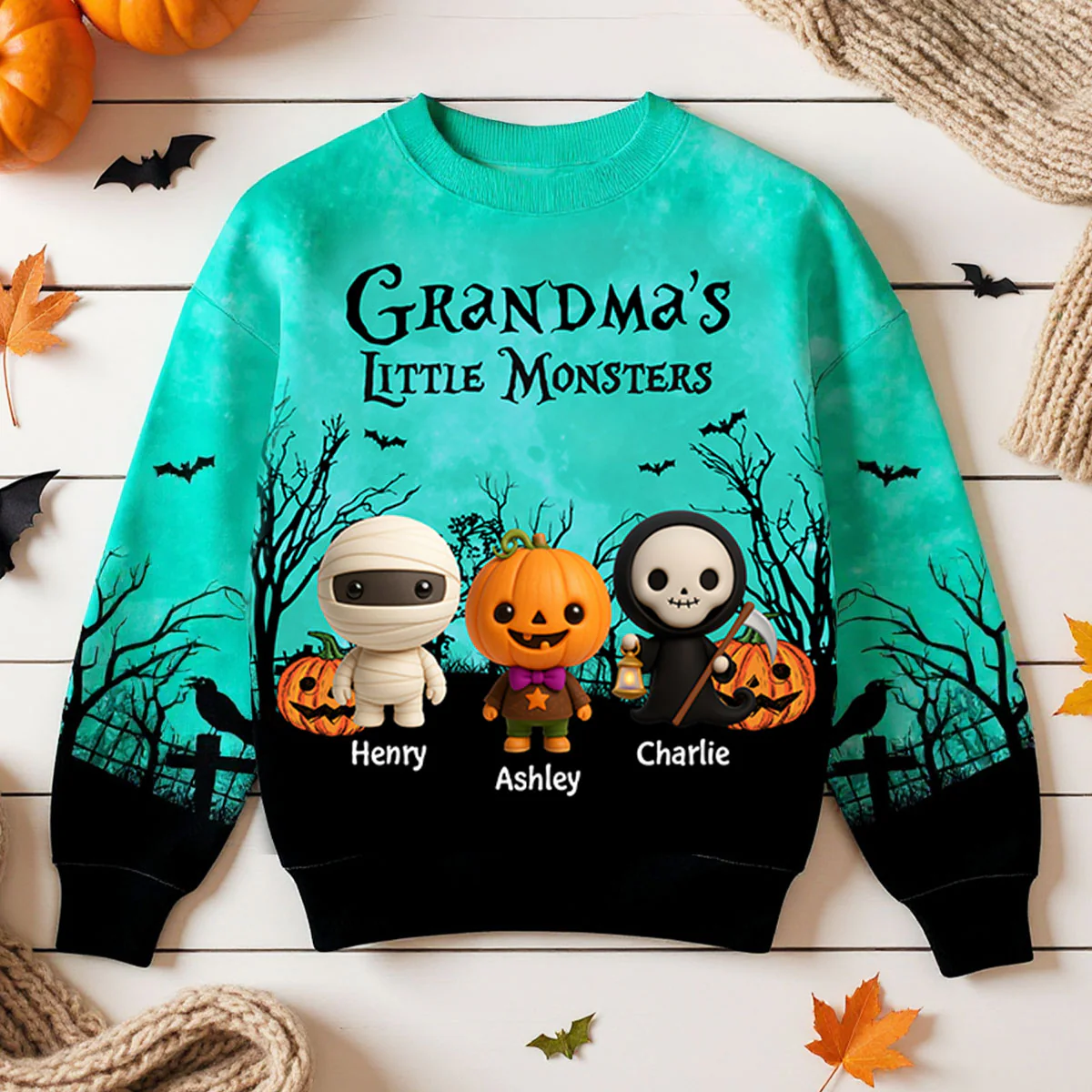 Grandma Mom Little Monsters Halloween Moon Light Bat Tree Personalized 3D Sweat Shirt, Purrfect Costume for Grandma - Image 3