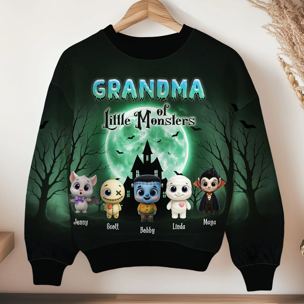Grandma Mom Little Monsters Teal Theme Personalized 3D Sweatshirt, Halloween gift for Grandma - Image 2