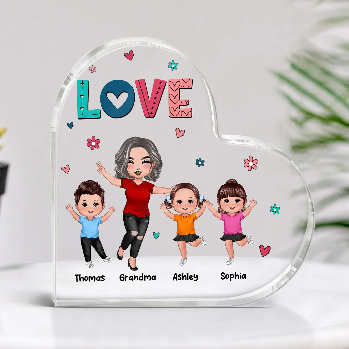 Grandma Mom Love Cute Colorful Pattern Personalized Acrylic Heart Plaque