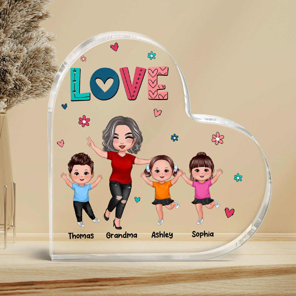 Grandma Mom Love Cute Colorful Pattern Personalized Acrylic Heart Plaque - Image 3