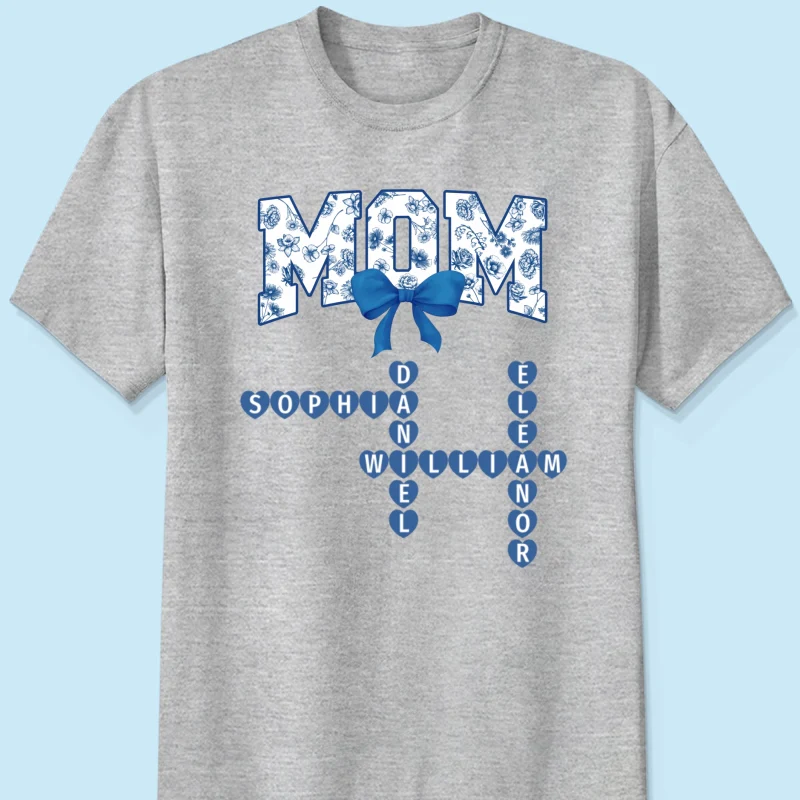 Grandma Mom Mimi Nana Gigi Floral Toile Blue Flower Grandkids Names Crosswords Personalized Shirt - Image 12