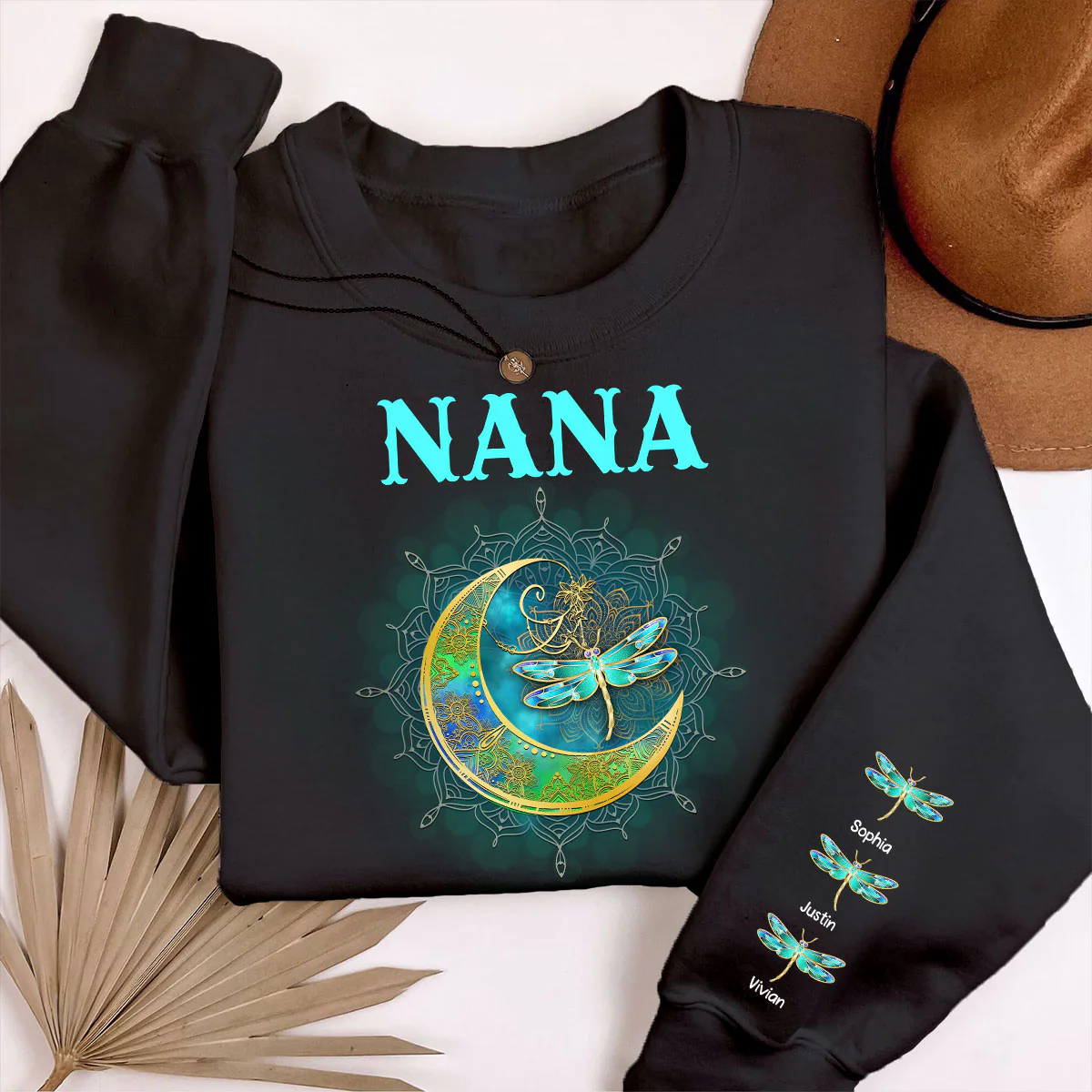 Grandma Mom Moon Mandala Dragonflies Personalized Sleeve Printed Sweatshirt - Image 3