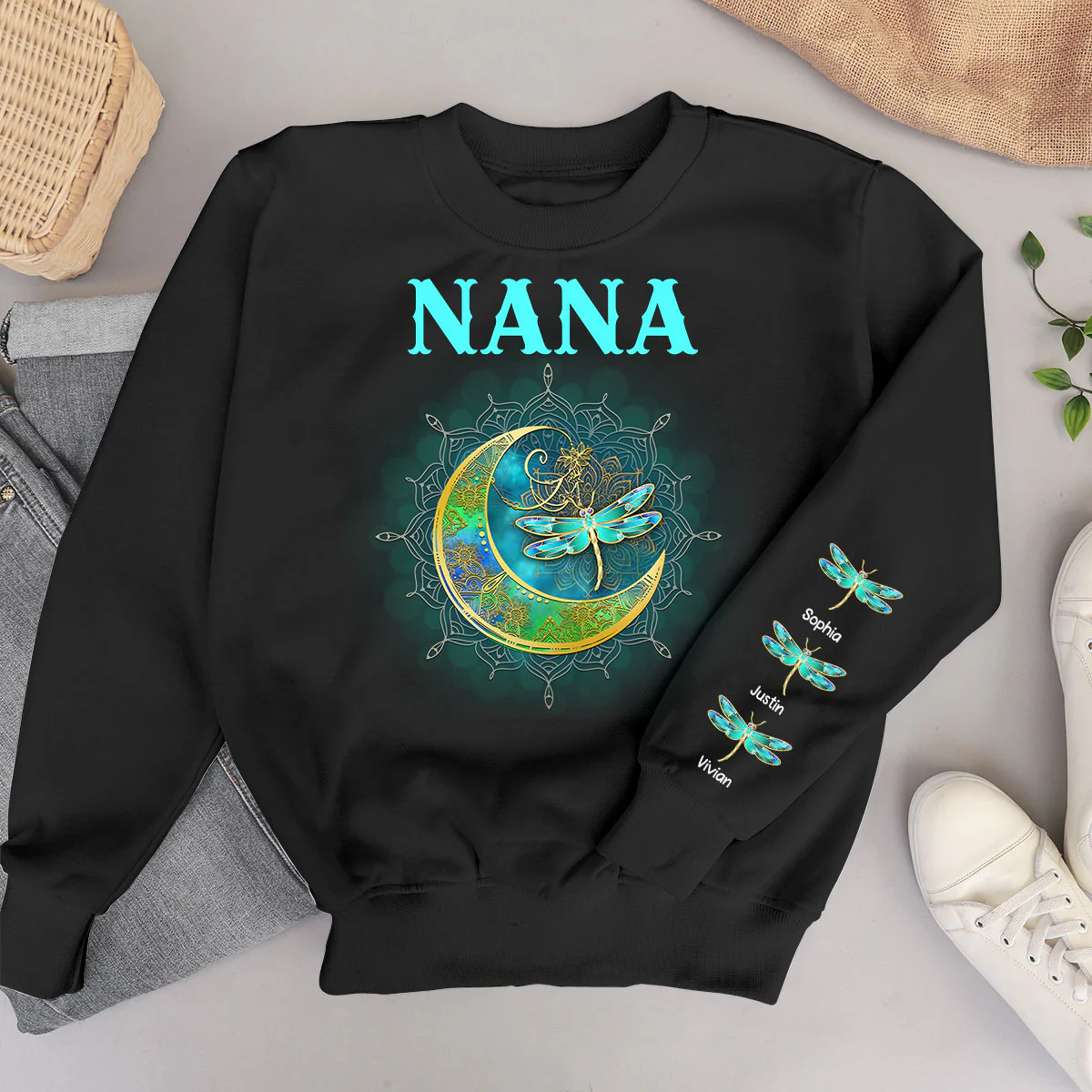 Grandma Mom Moon Mandala Dragonflies Personalized Sleeve Printed Sweatshirt - Image 4