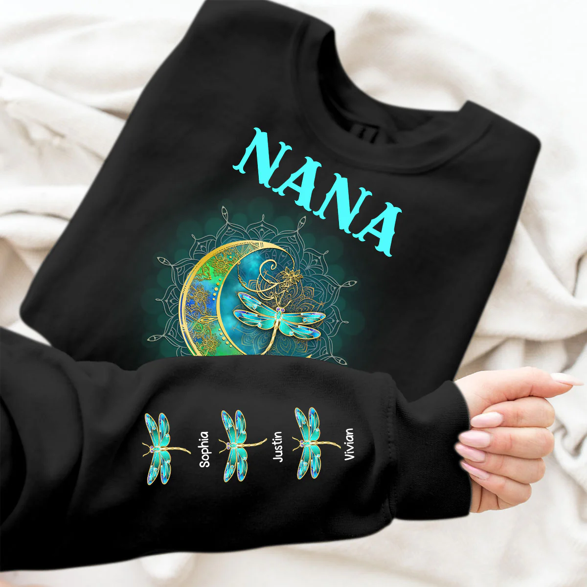 Grandma Mom Moon Mandala Dragonflies Personalized Sleeve Printed Sweatshirt - Image 5