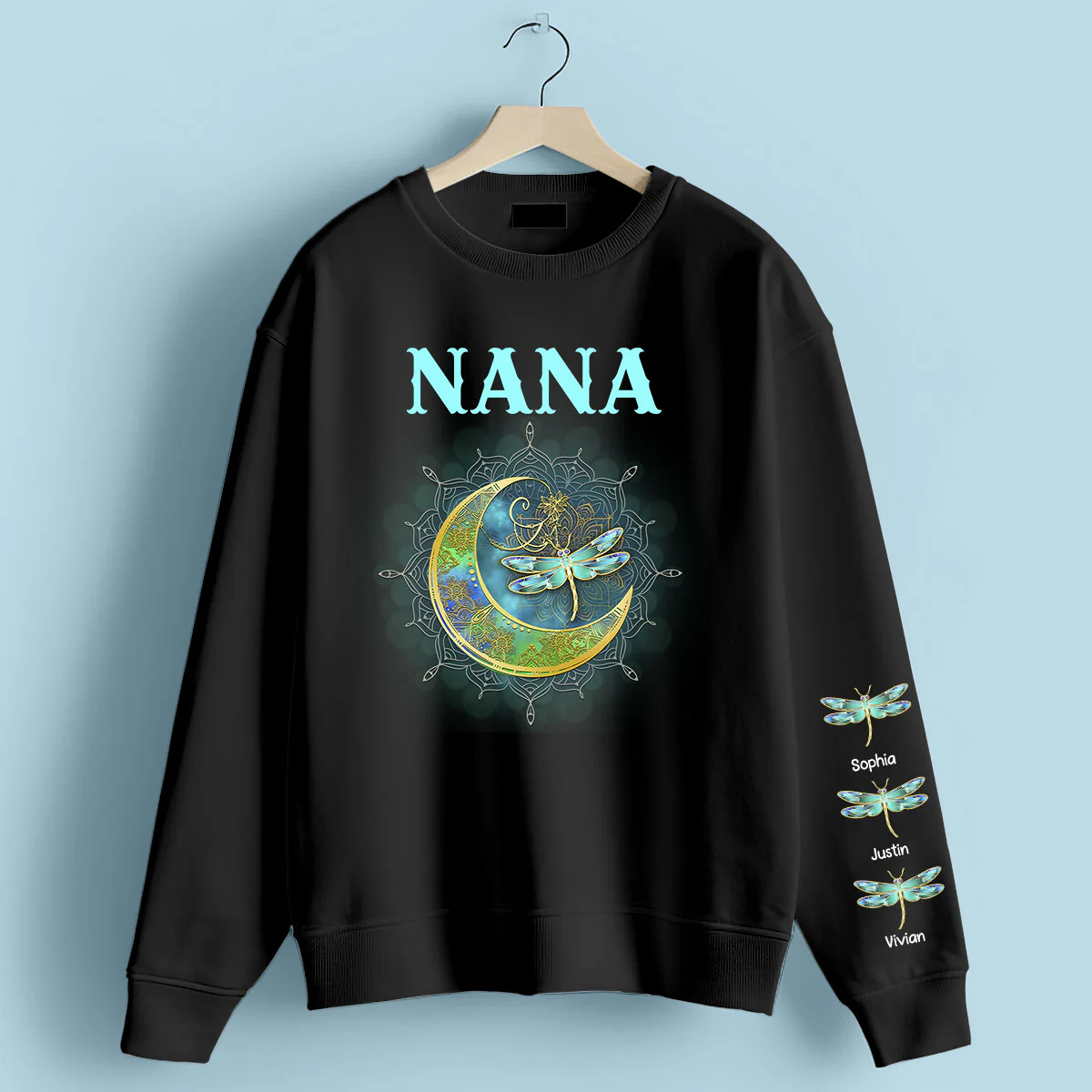 Grandma Mom Moon Mandala Dragonflies Personalized Sleeve Printed Sweatshirt - Image 6