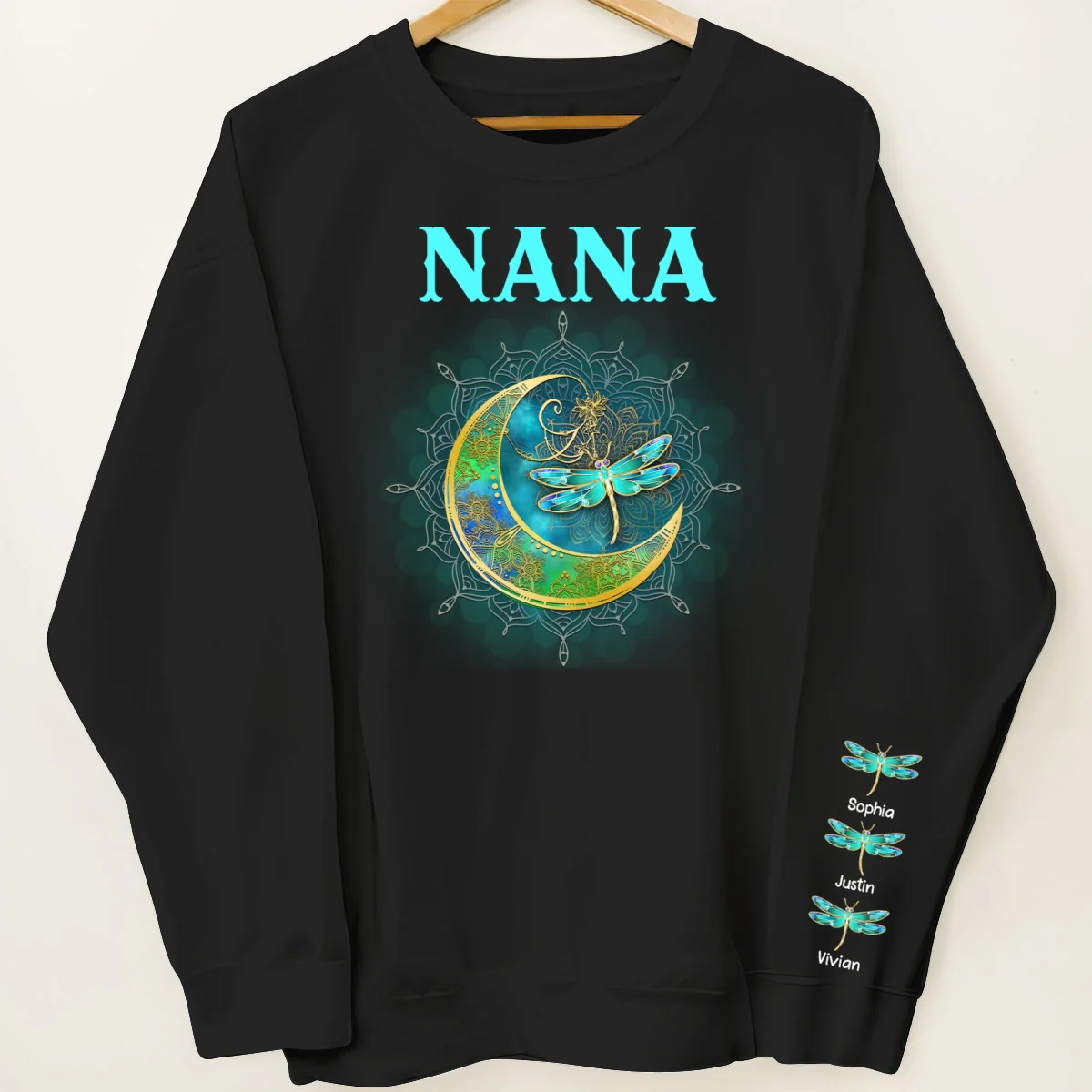 Grandma Mom Moon Mandala Dragonflies Personalized Sleeve Printed Sweatshirt - Image 7