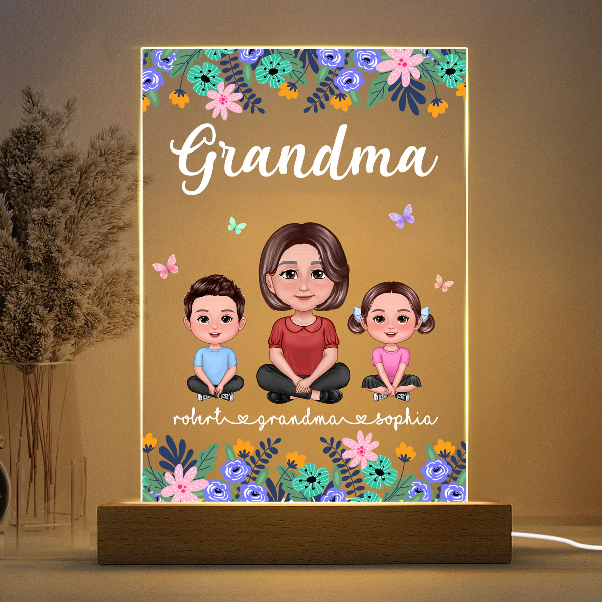 Grandma Mom Pretty Doll Floral Frame Personalized Rectangle Acrylic LED Night Light - Image 3