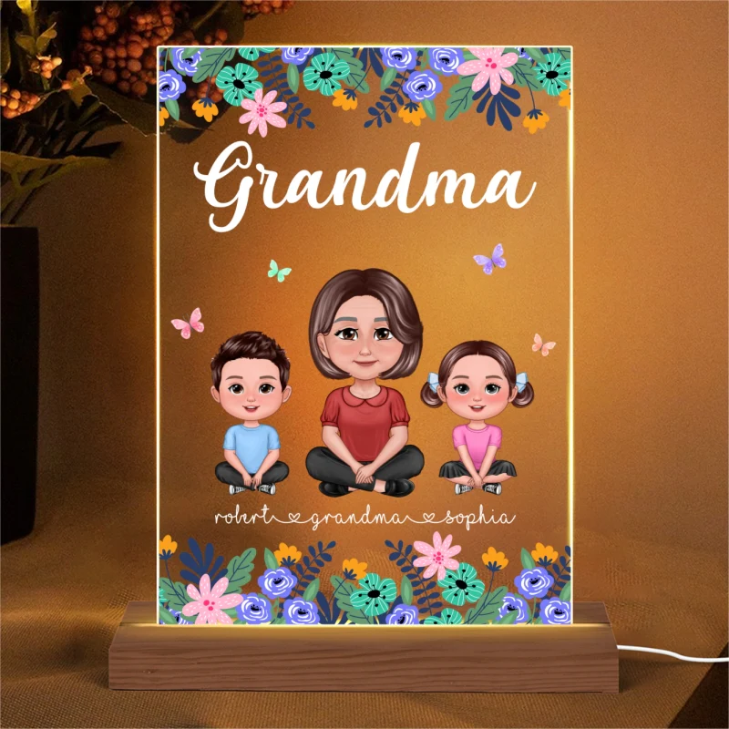 Grandma Mom Pretty Doll Floral Frame Personalized Rectangle Acrylic LED Night Light - Image 4