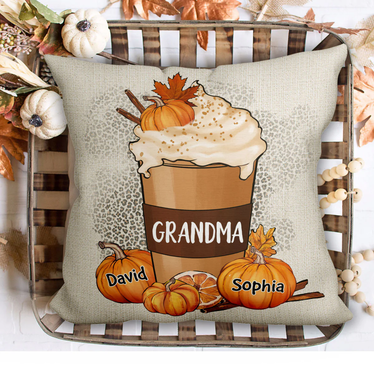 Grandma Mom Pumpkin Spice Latte Personalized Pillow - Image 3