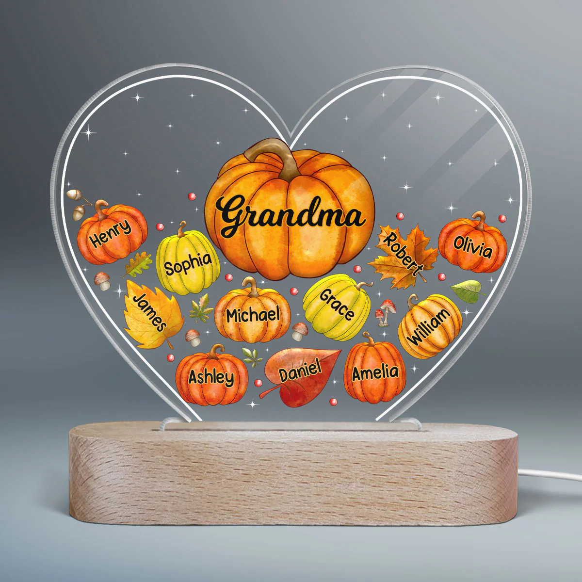 Grandma Mom Pumpkins Fall Leaves Personalized Heart Acrylic LED Night Light - Image 2