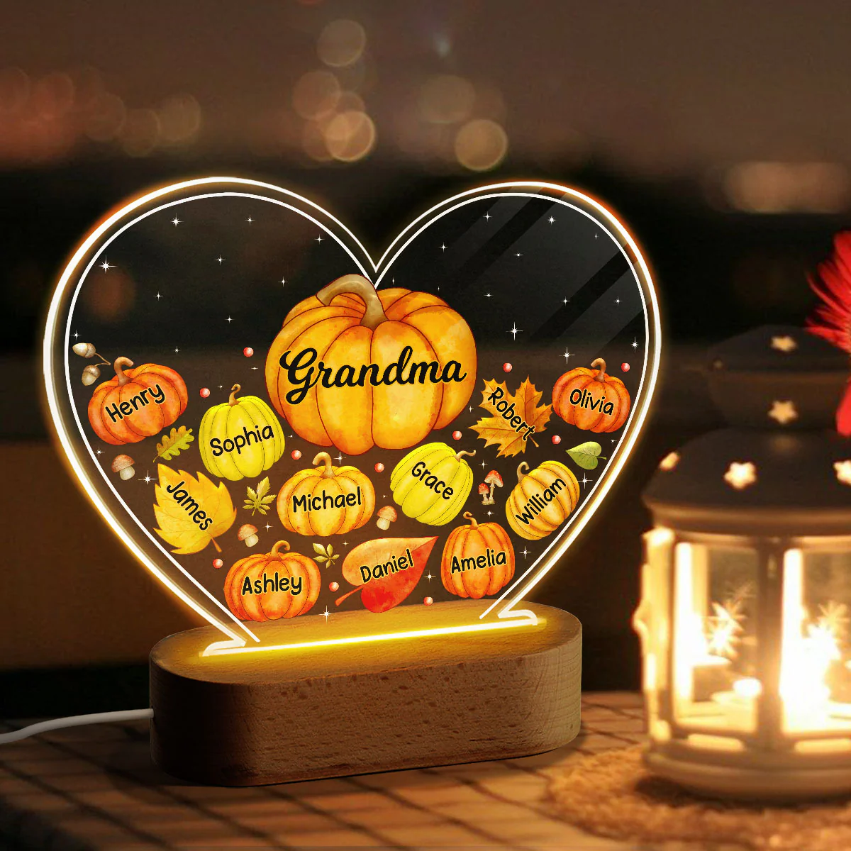 Grandma Mom Pumpkins Fall Leaves Personalized Heart Acrylic LED Night Light - Image 3