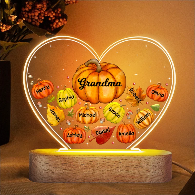 Grandma Mom Pumpkins Fall Leaves Personalized Heart Acrylic LED Night Light - Image 4