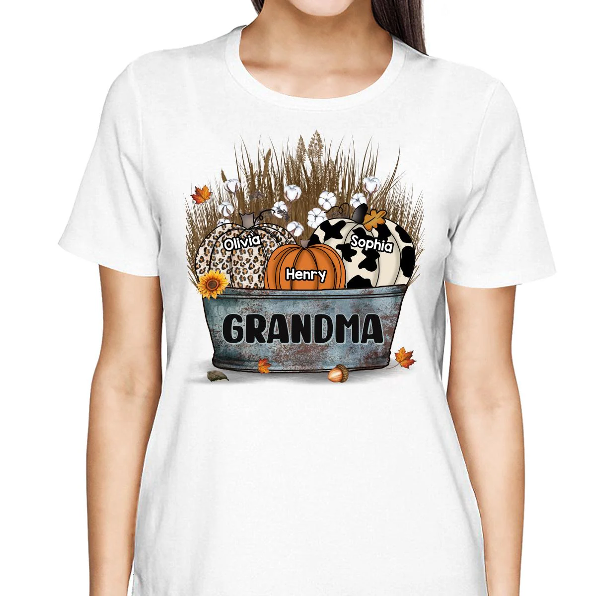 Grandma Mom Pumpkins In Bucket Fall Season Personalized Shirt - Image 2